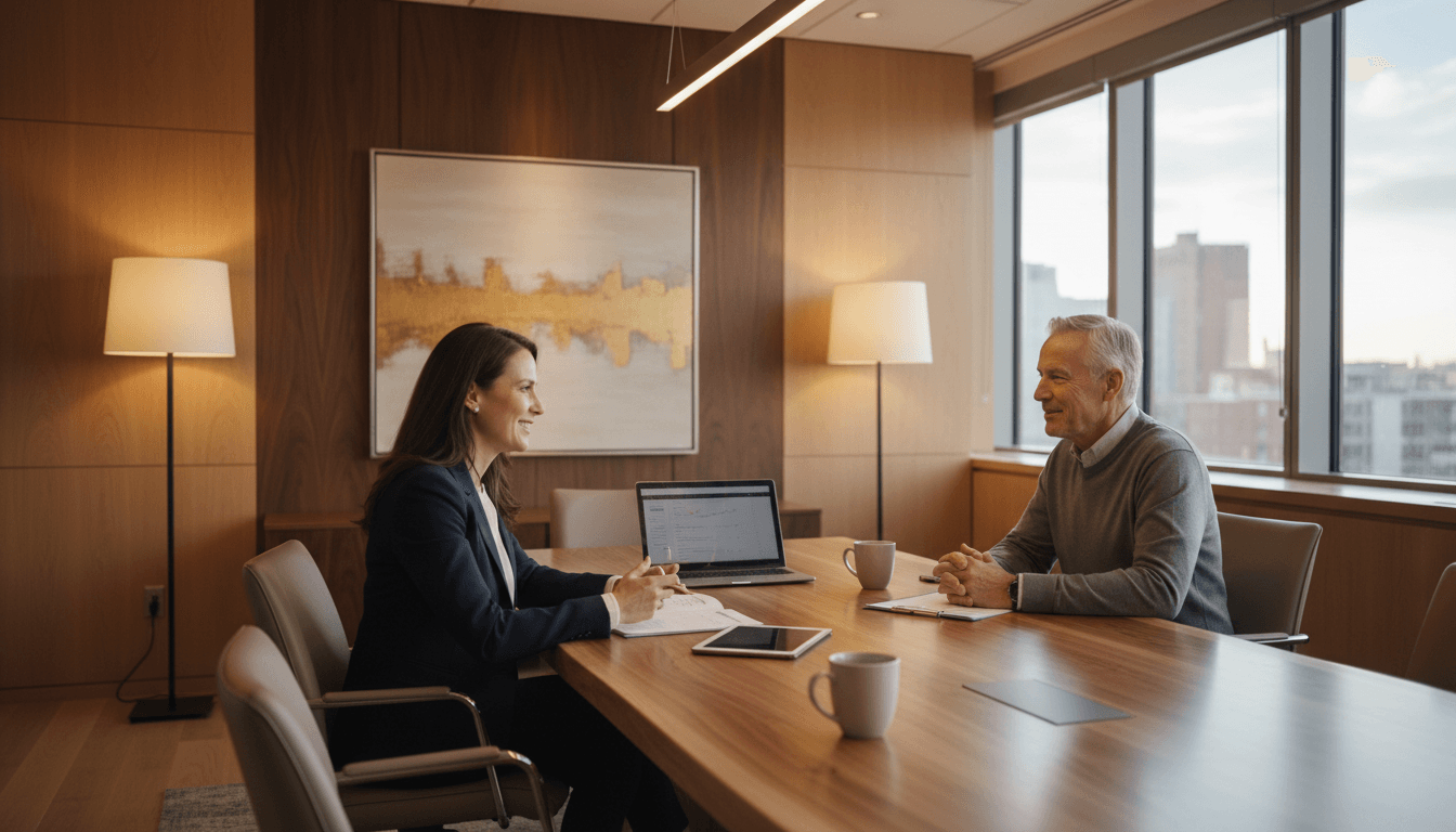 Professional wealth advisor discussing financial strategy with high-net-worth client in sophisticated office setting