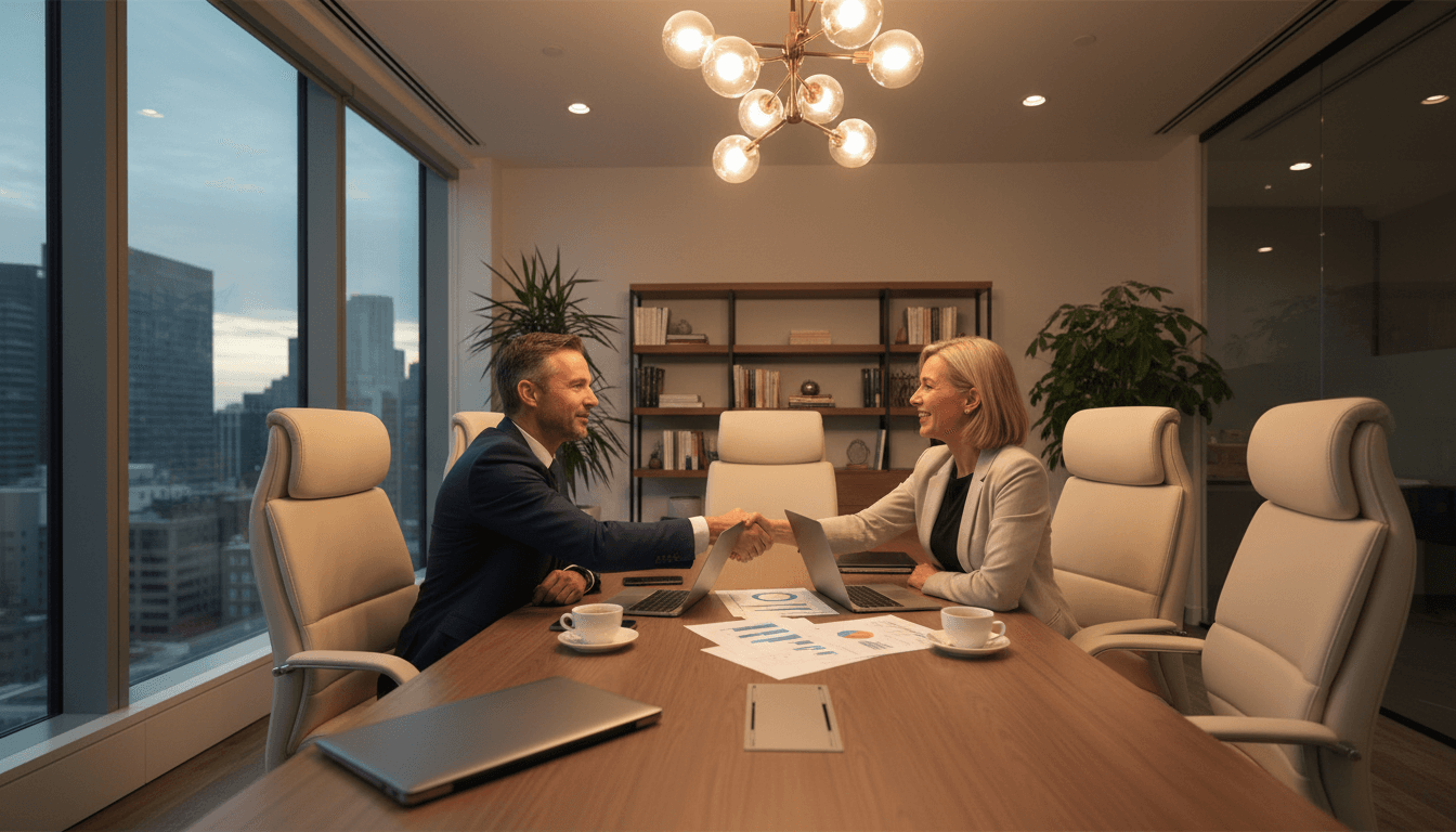Financial advisor and client in professional meeting discussing wealth strategy