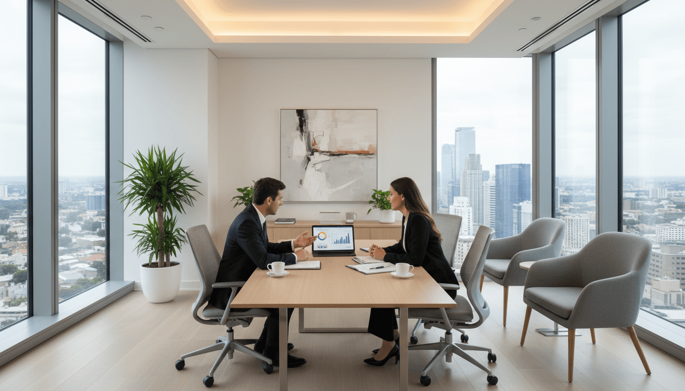 Financial advisor and client discussing investment strategy at office desk