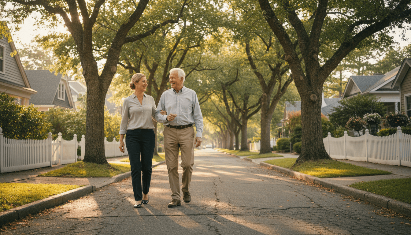 Caregiver and elderly man walking together down a peaceful tree-lined neighborhood street in golden morning light